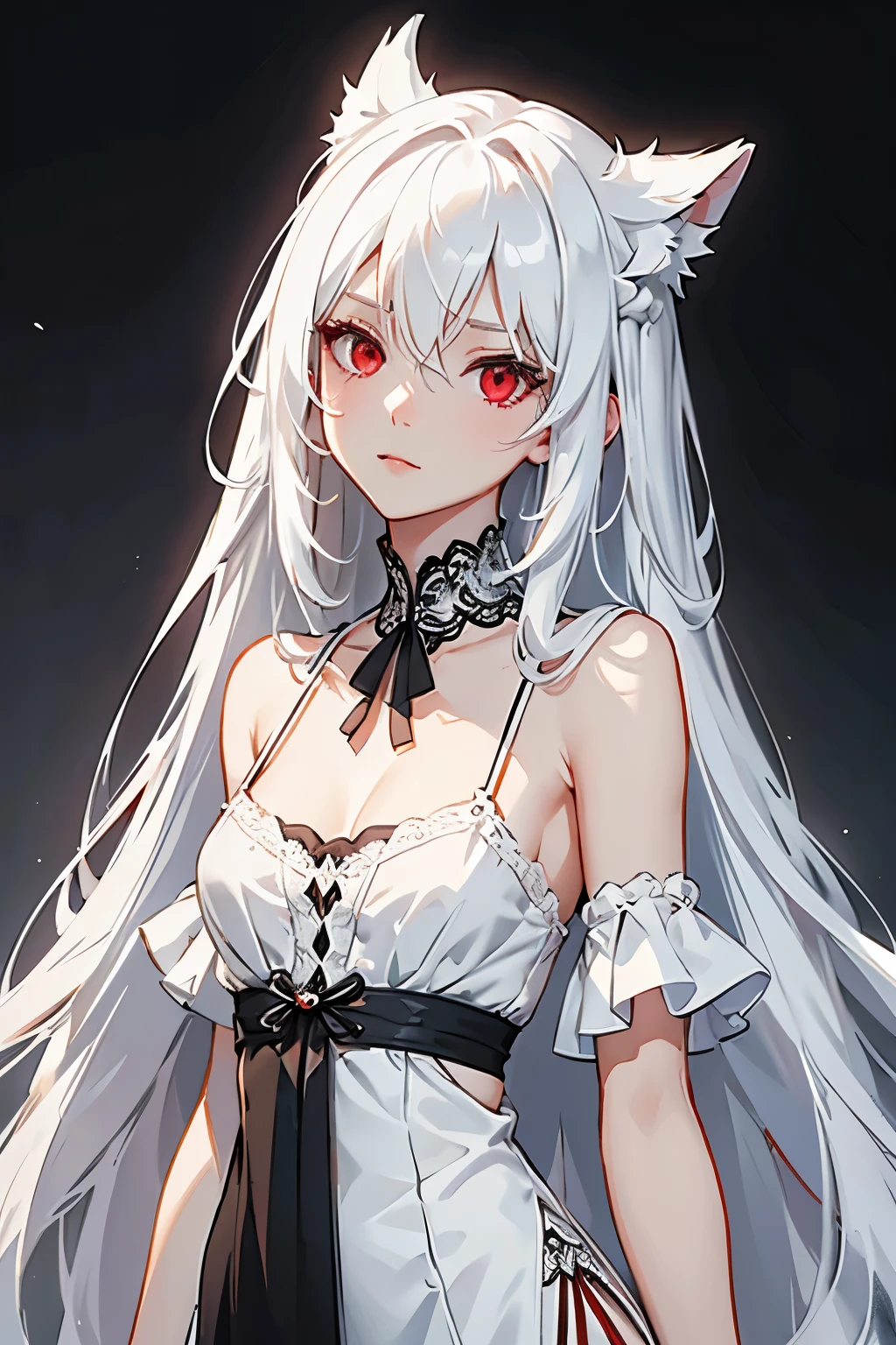 Character design, female, long black hair, white hair strands distributed between the rest of the hair, wearing a short white lace dress with spaghetti straps, red eyes, small frame, very skinny, detailed, best quality, no accesoires around the neck