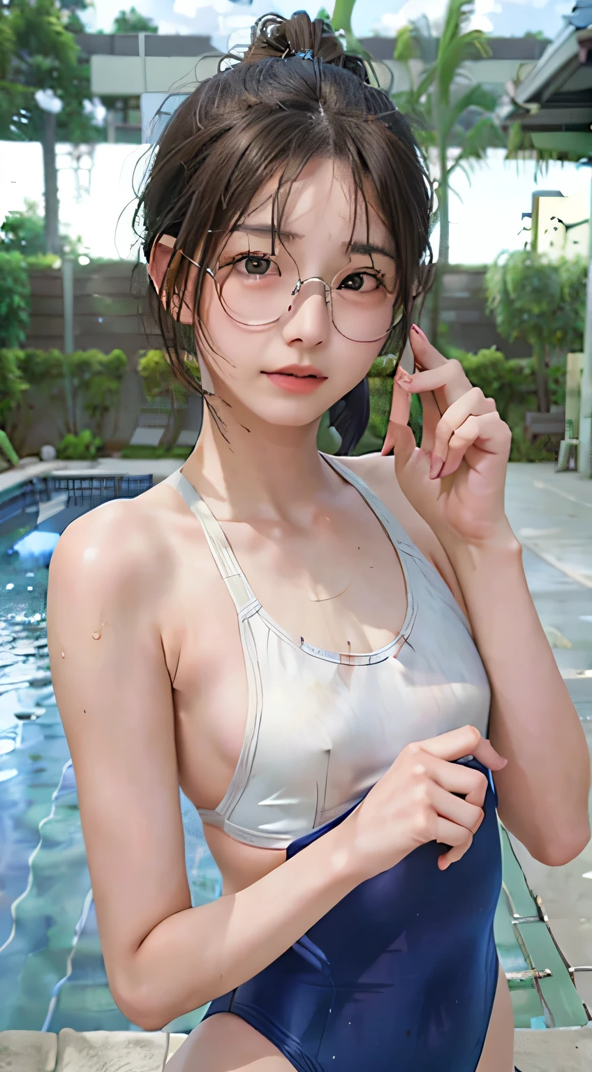 highest quality, RAW Photos, Realistic, face, Incredibly beautiful girl, cute, Long Hair,ponytail,Glasses,Written boundary depth, High resolution, Super detailed, detailed, Very detaileded, extremely detaileded eye and face, Sharp pupils, Realistic students, Sharp focus, Cinema Lighting, Japanese, Short women, Physical build, Short arms, Long, narrow eyes, Fleeting atmosphere, 30 years old, Brown bob hair, ((thin lips)), White top and bottom underwear, Masterpiece, highest quality, Detailed skin, Detailed face, Fine grain, 8k, Excellent anatomy, Upper body portrait,flat breasts, small breasts, small,( small bust: 1.2), small bust, (slim, small, flat, small), thin, Delicate and sexy collarbone, One Girl, (Beautiful girl, Delicate girl:1.3), (:1.3),
break, (One piece swimsuit, Swimsuit:1.2),
break, (Pool:1.3),
break, Very beautiful eyes, (Symmetrical eyes:1.3),
break, , Brown eyes, Parted bangs, Brown Hair, (Upper teeth, The best smile:0.2),
break, (Eyes and face detail:1.0),
break, (masterpiece, highest quality, Super detailed, Detailed face, 8k)