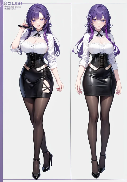 Purple hair,long hair,Adult female,(Bartender),((Rolling up your sleeves shirt)),(Corset),(Tight skirt),(high heels),((Simple background)),Smile,((Full body)),((whole body)),Character Sheet,