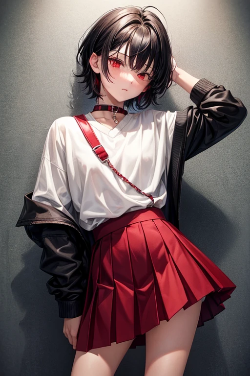 Teenager man boy 18 years old short black hair red eyes wearing red pleated skirt blushing with a pet collar on his neck wearing sweater with long sleeves
