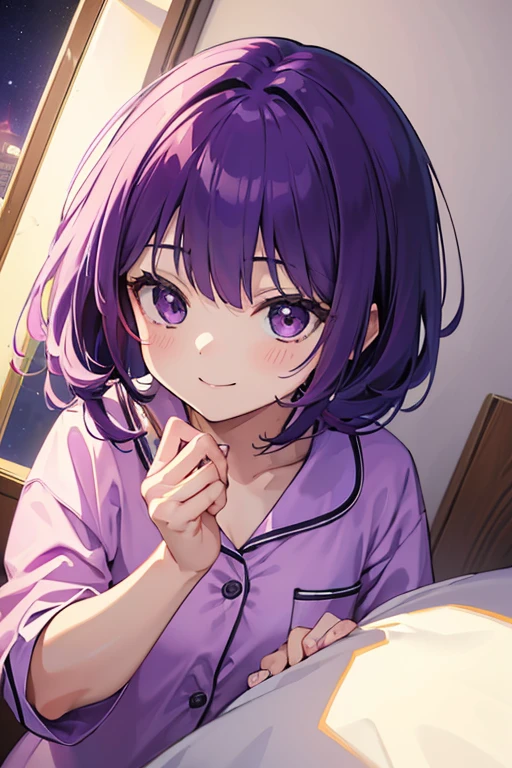 (T masterpiece,4k wallpaper,highest quality))、((girl1people々))、(一peopleで)、Bright and brilliant,(Purple Hair)、(Shortcuts:1.3)、smile、Bedroom、pajamas、night