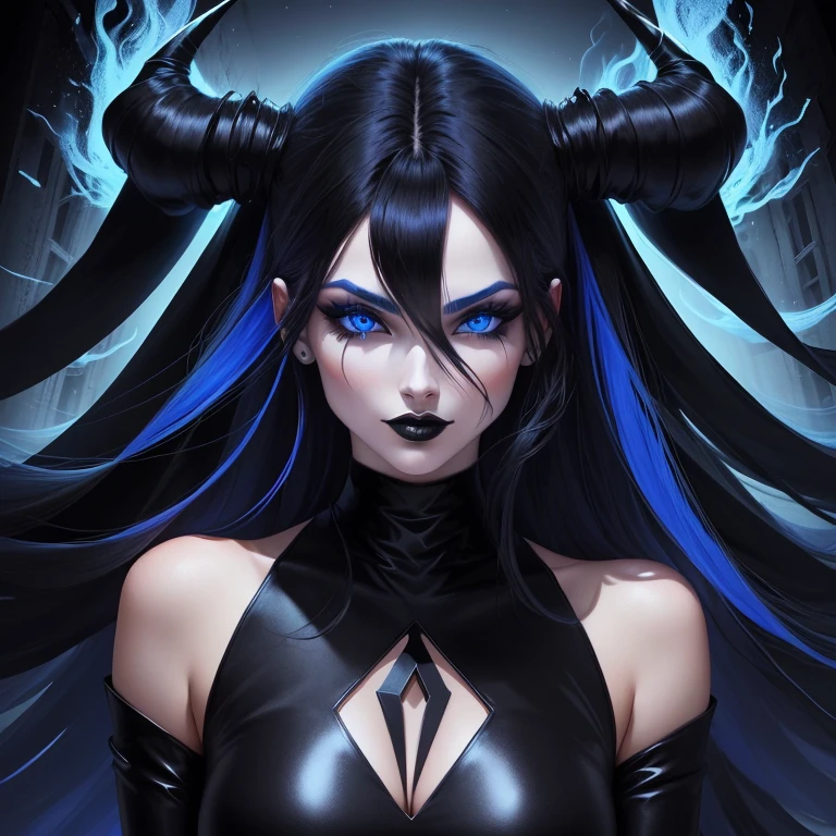 cartoon of demon woman with black clothes, longos cabelos pretos e olhos azul