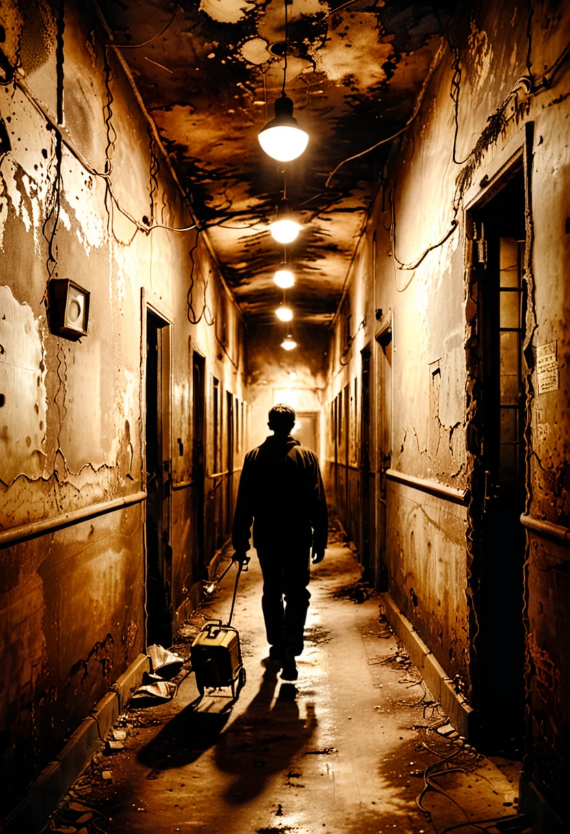 Night, darkness, darkness of the corridors of the clinic. An artistic masterpiece. (A man walking along the dark corridor of an abandoned clinic with a kerosene lamp in his hand, the light of the lamp illuminates the path) Dynamic picture. Night room, dark room, completely darkened room, sepia, grainy, eerie environment. Creepypasta is a creepy demonic creepy entity, something looming over a man lying in bed with very large eyes. A creepy look from the shadows. Sven37.
