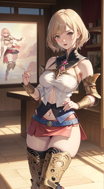 High Kick,(Golden Ratio,Tabletop, highest quality, highest quality, beautifully、aesthetic:1.2), Very detailed, colorful,Best details,An illustration, Fantastic scene, (adult,19 years old,One Girl, alone, Final Fantasy 12,Asheria, short hair, short hair,Asheria Costume, huge , mini skirt,Thigh-high boots, Thighs Thighs Thighs Thighs, gem,A look of contempt、Pink nipples、