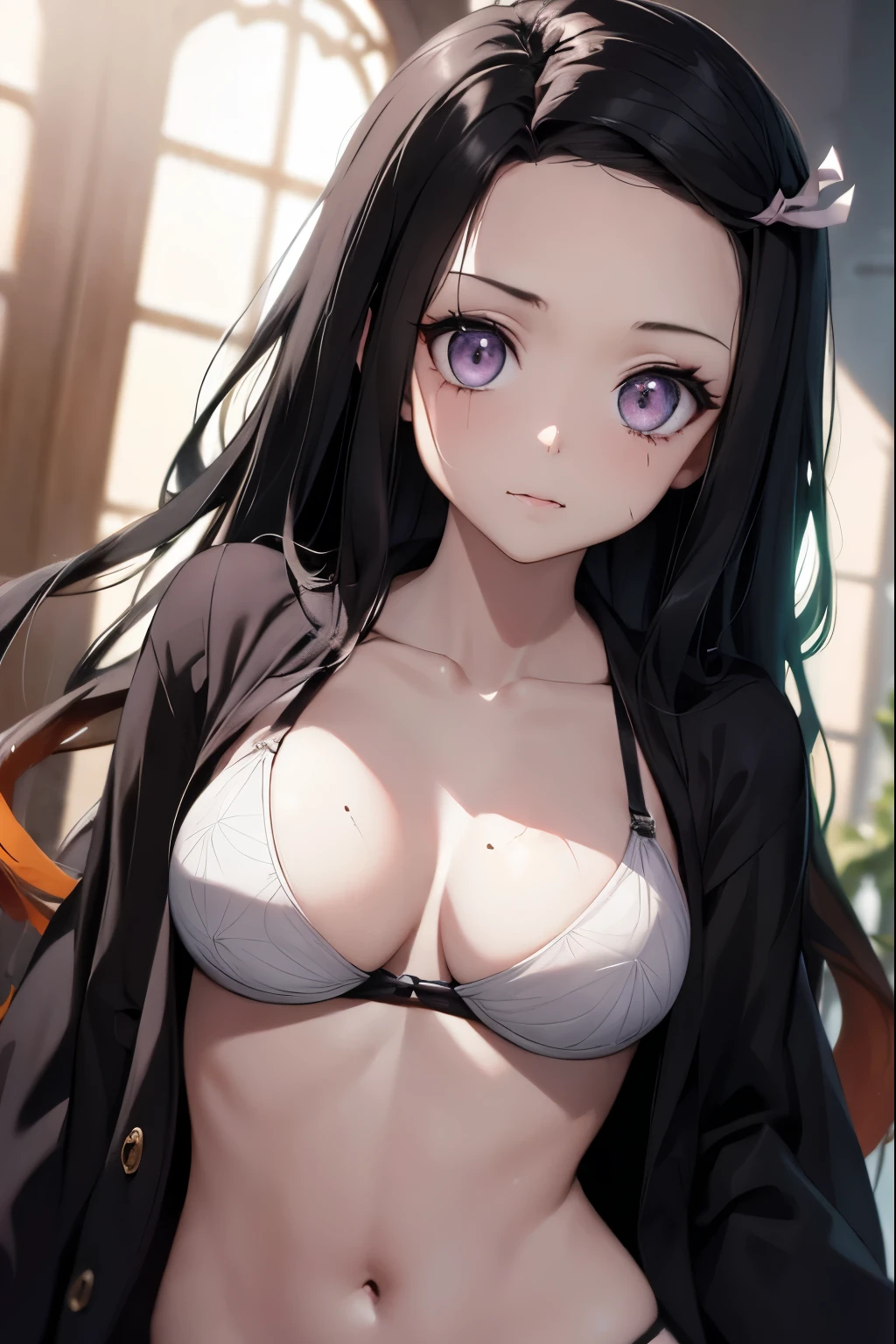 corpse, sinister, female, thin, pale, looking at the camera, ultra realistic, fully detailed, cemetery environment, bright eyes, white dress torn and stained with blood, bones exposed, putrid wounds, sensual, terrifying , angry , bruised by the body, medium breasts , exposed fracture in the collarbone, slight smile, super detailed, white eyes,gun shots in the body, black hair, Nezuko Kamado, Kimono open , bra , pantie , revelating clothes sexy , night .