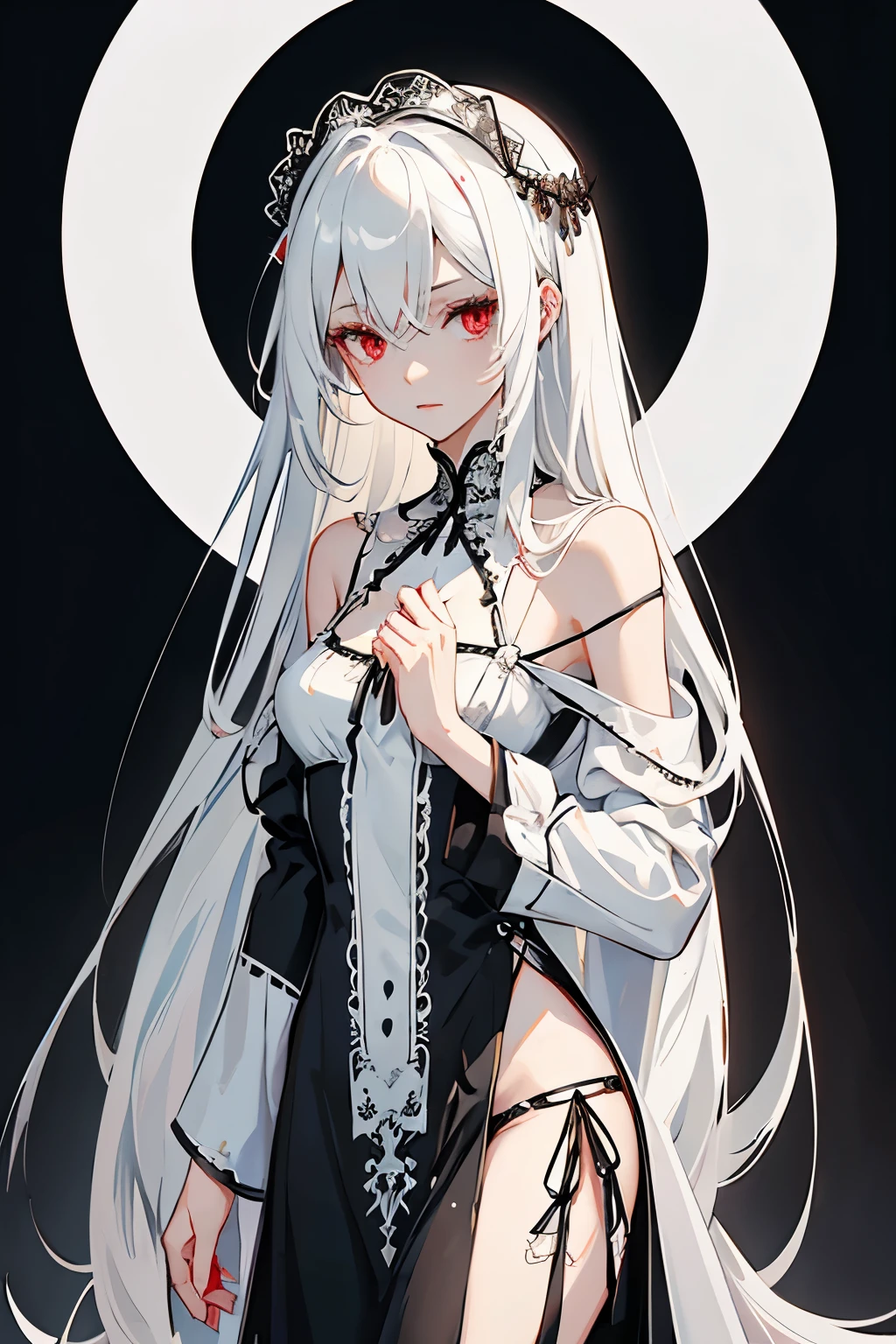 Character design, female, long black hair, white hair strands distributed between the rest of the hair, wearing a short white lace dress with spaghetti straps, red eyes, small frame, very skinny, detailed, best quality, no accesoires around the neck, full body