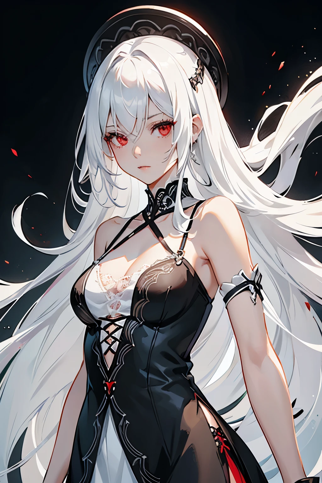 Character design, female, long black hair, white hair strands distributed between the rest of the hair, wearing a short white lace dress with spaghetti straps, red eyes, small frame, very skinny, detailed, best quality, no accesoires around the neck, full body