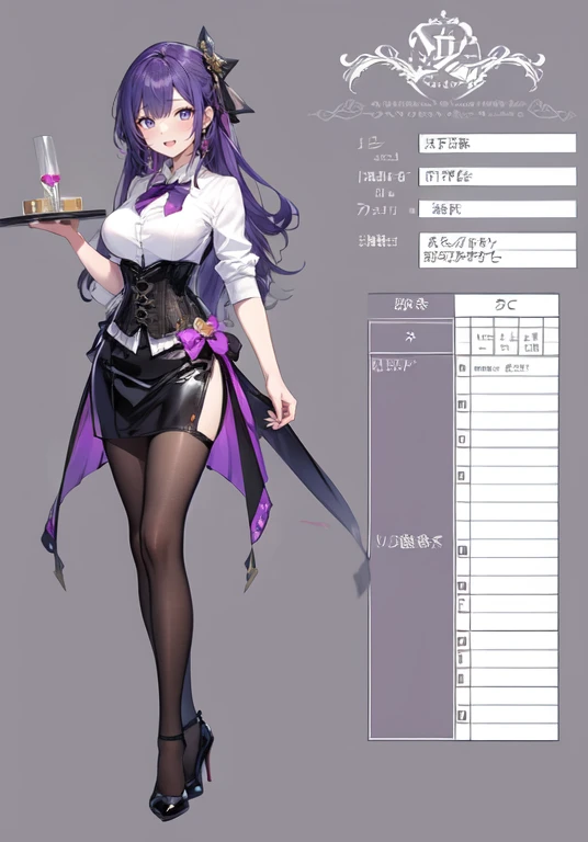 Purple hair,long hair,Adult female,(Bartender),((Rolling up your sleeves shirt)),(Corset),(Tight skirt),(high heels),((Simple background)),Smile,((Full body)),((whole body)),Character Sheet,