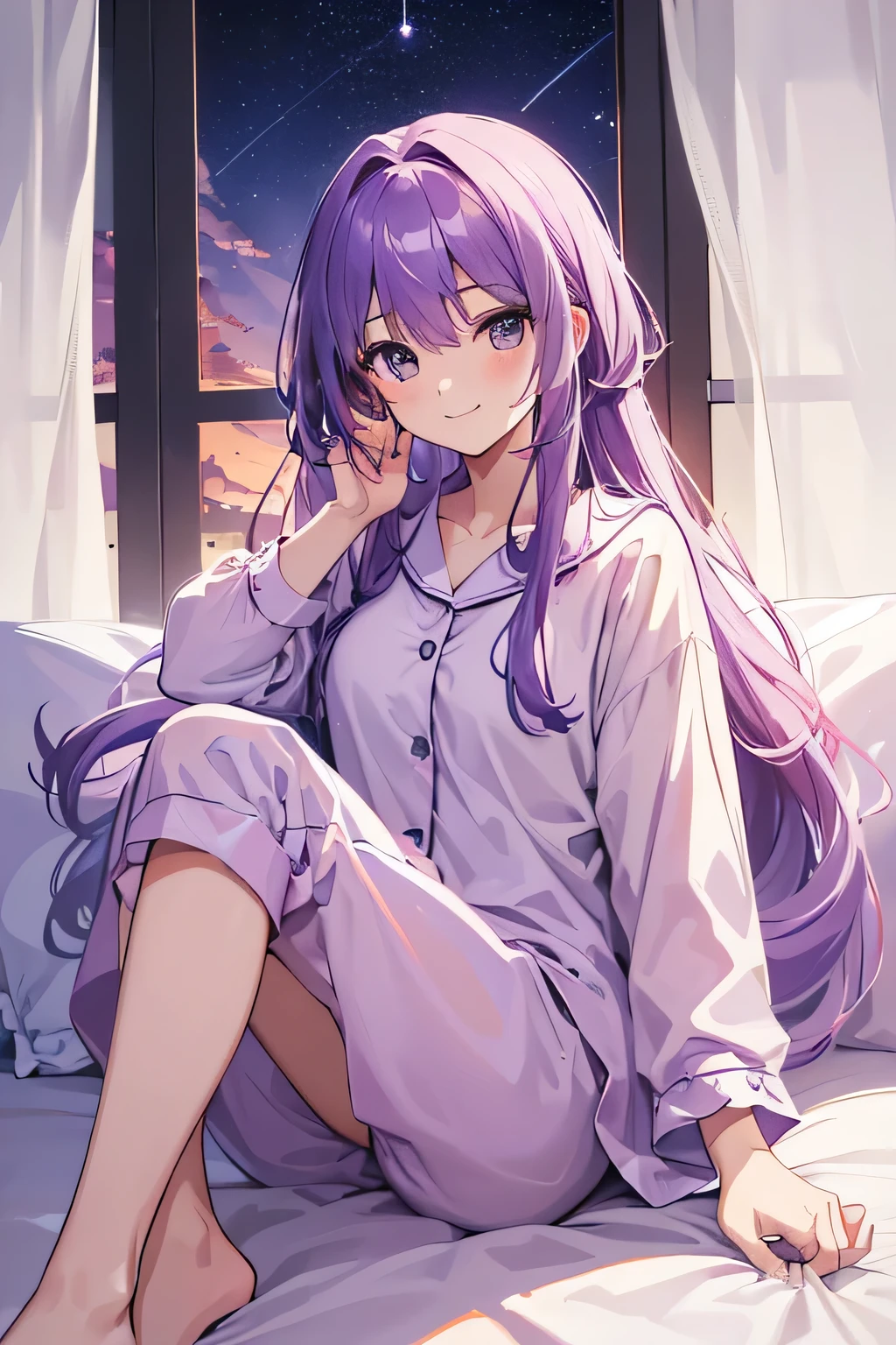 (T masterpiece,4k wallpaper,highest quality))、((girl1people々))、(In one people)、Bright and brilliant,(Light purple hair)、(long hair:1.3)、smile、Bedroom、pajamas、night