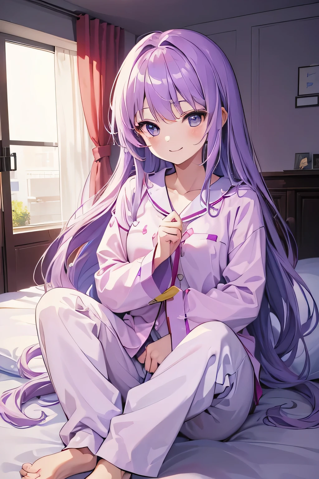 (T masterpiece,4k wallpaper,highest quality))、((girl1people々))、(In one people)、Bright and brilliant,(Light purple hair)、(long hair:1.3)、smile、Bedroom、pajamas、night
