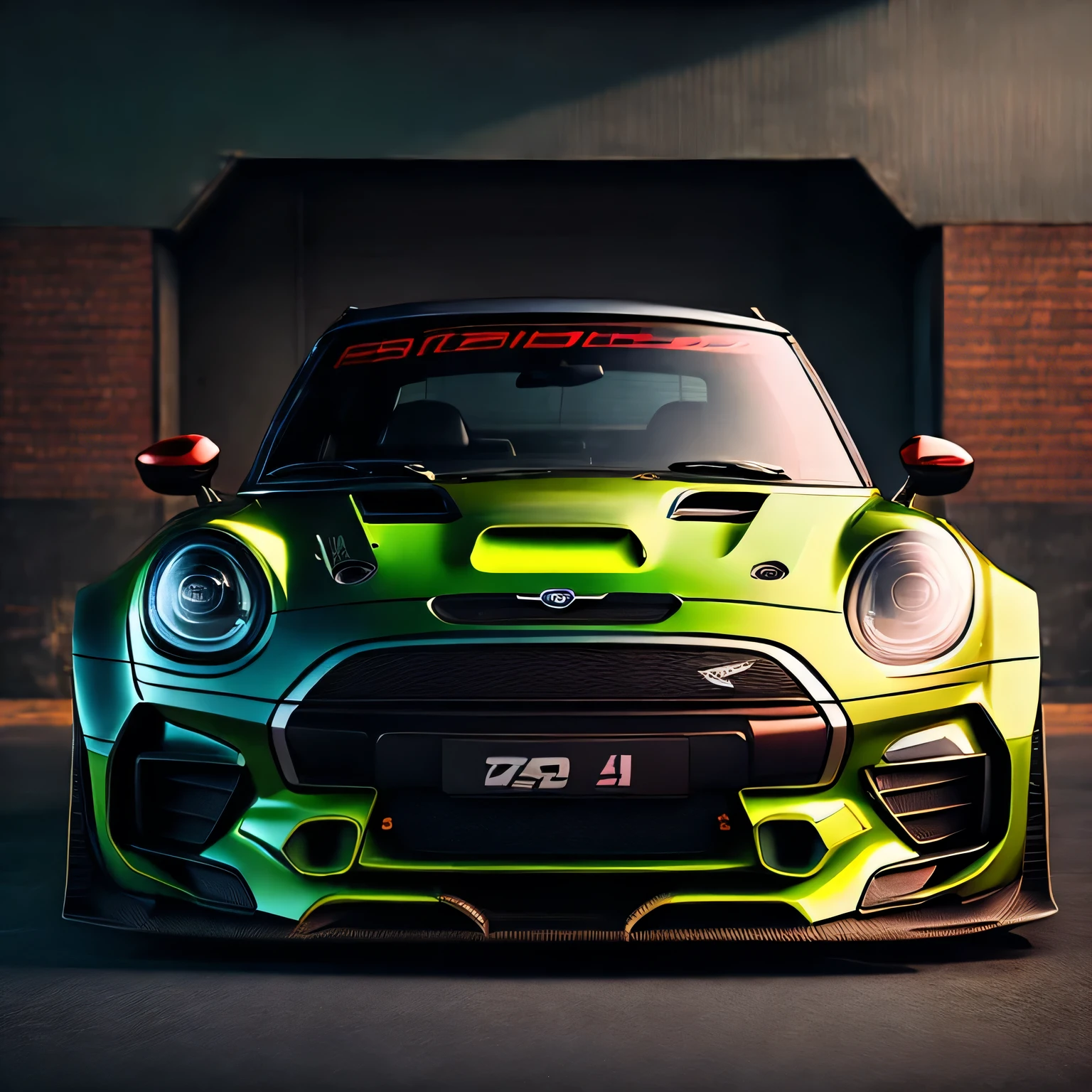 Artwork for t-shirt graphic design bright green coloured F56 Mini Cooper S in tunnel design impactful colourful paint highly detailed vibrant colours 8k, sharp high contrast high saturated ((carbon fibre, Liberty walk ultra wide body kit)), aggressive stance ((background: racetrack outside old industrial style building large windows in background heavy industrial look)), 8K quality realistic realism sharp detailed ultrawide black and carbon fibre and deep colour scheme front profile epic stance epic ultra wide body kit aggressive looks vector image with faded out backgrounds edges