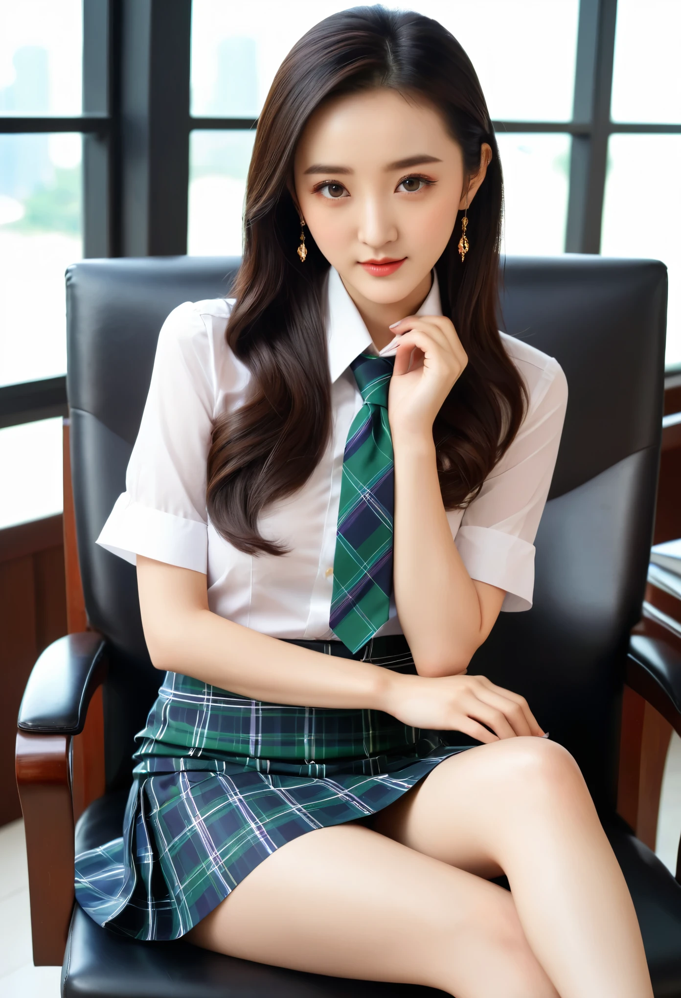 Zhao Liying,Liu Shishi,1girl, solo, long hair, breasts, looking at viewer, skirt, large breasts, shirt, black hair, jewelry, sitting, full body, white shirt, short sleeves, thighs, necktie, collared shirt, indoors, miniskirt, bag, nail polish, high heels, feet, lips, legs, book, plaid, toes, plaid skirt, chair, sandals, hair over shoulder, desk, toenails, realistic, toenail polish