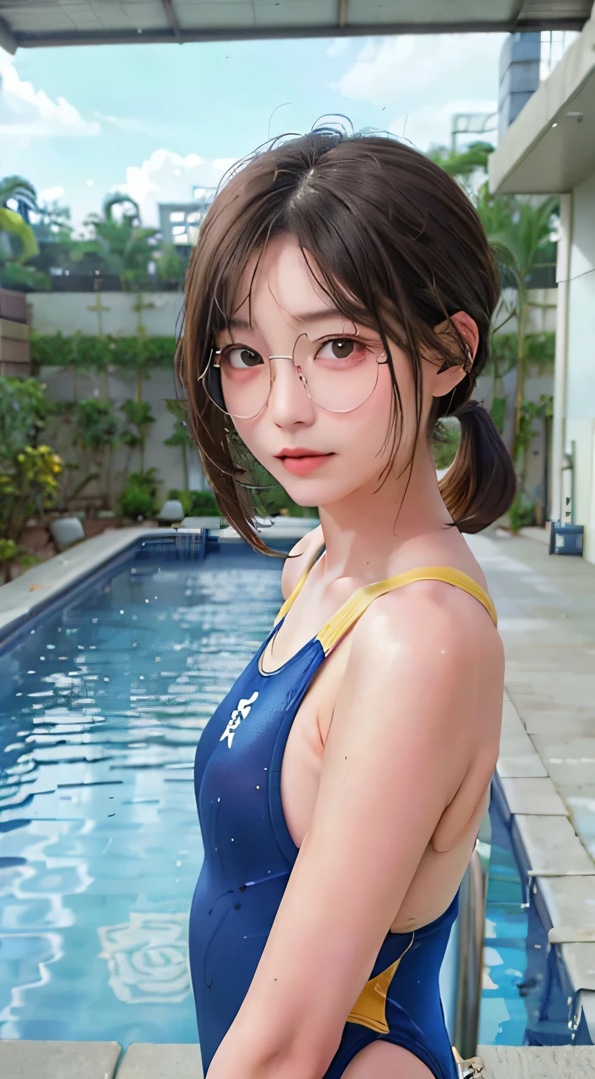 highest quality, RAW Photos, Realistic, face, Incredibly beautiful girl, cute, Long Hair,ponytail,Glasses,Written boundary depth, High resolution, Super detailed, detailed, Very detaileded, extremely detaileded eye and face, Sharp pupils, Realistic students, Sharp focus, Cinema Lighting, Japanese, Short women, Physical build, Short arms, Long, narrow eyes, Fleeting atmosphere, 30 years old, Brown bob hair, ((thin lips)), White top and bottom underwear, Masterpiece, highest quality, Detailed skin, Detailed face, Fine grain, 8k, Excellent anatomy, Upper body portrait,flat breasts, small breasts, small,( small bust: 1.2), small bust, (slim, small, flat, small), thin, Delicate and sexy collarbone, One Girl, (Beautiful girl, Delicate girl:1.3), (:1.3),
break, (One piece swimsuit, Swimsuit:1.2),
break, (Pool:1.3),
break, Very beautiful eyes, (Symmetrical eyes:1.3),
break, , Brown eyes, Parted bangs, Brown Hair, (Upper teeth, The best smile:0.2),
break, (Eyes and face detail:1.0),
break, (masterpiece, highest quality, Super detailed, Detailed face, 8k)