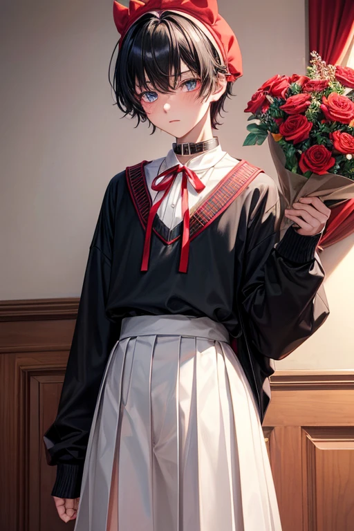 Teenager man boy 18 years old short black hair red eyes with red pleated skirt blushing with a pet collar on his neck wearing sweater with long sleeves with a flower on his head with a man 20 years old blonde hair blue eyes in student uniform holding the other's hands while smiling and the other blushes
