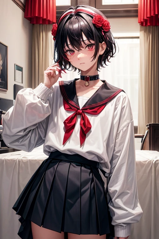 Teenager man boy 18 years old short black hair red eyes with red pleated skirt blushing with a pet collar on his neck wearing sweater with long sleeves with a flower on his head with a man 20 years old blonde hair blue eyes in student uniform holding the other&#39;s hands while smiling and the other blushes 
