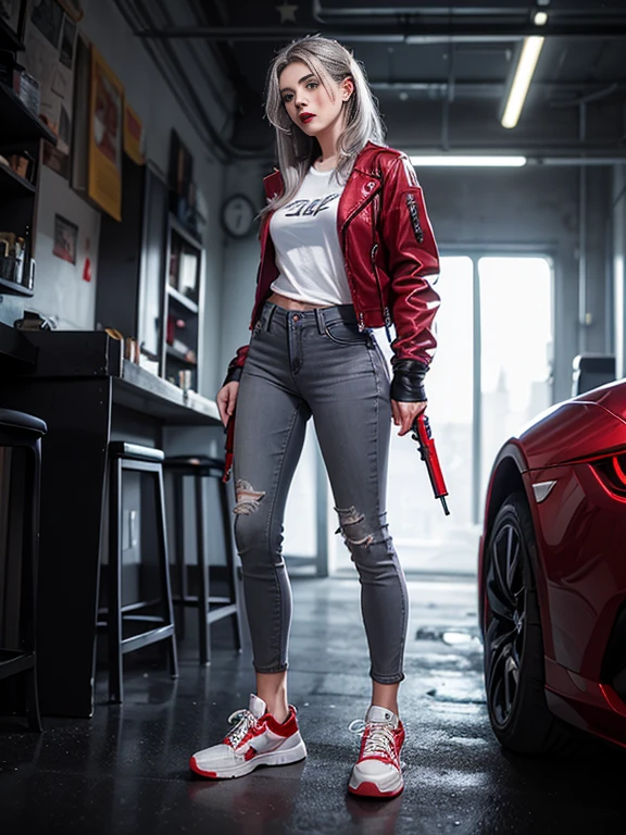 (Sci-fi fantasy), (masterpiece), (1 beautiful alice),Resident Evil universe, (Professional Oil Painting) (highest quality), (8k resolution), (1 beautiful girl), ((Pale grey skin)), (Iron grey skin), ((Black Jeans )),(Wine Red Leather Jacket)), ((White t-shirt underneath), ((Red lipstick)), ((Black sneakers)), (Concept Art), (Long Hair), (Messy Hair), (Gray Hair), (Iron-gray hair), ((With futuristic weapons)),