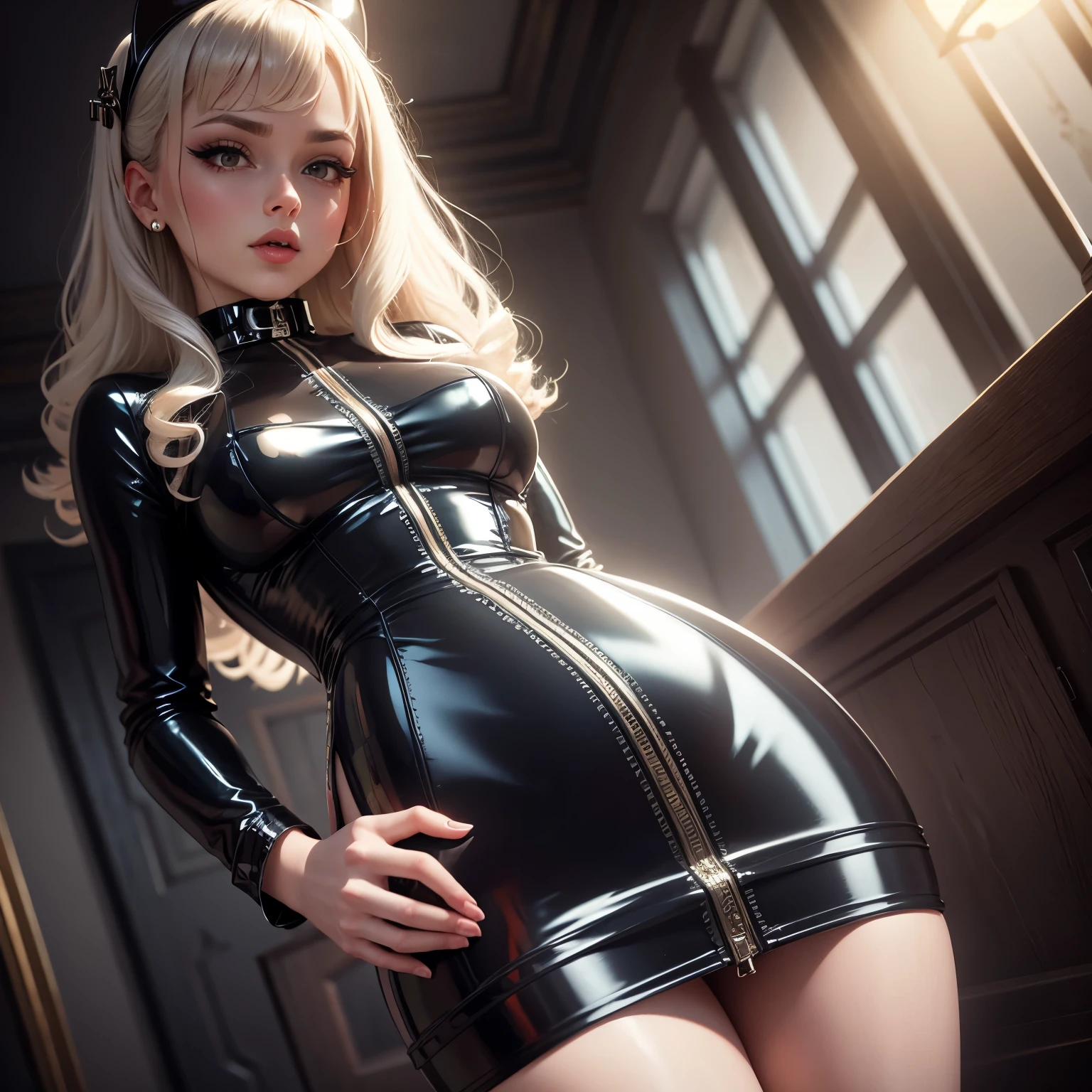 Sissy wearing latex dress with a chastity cage