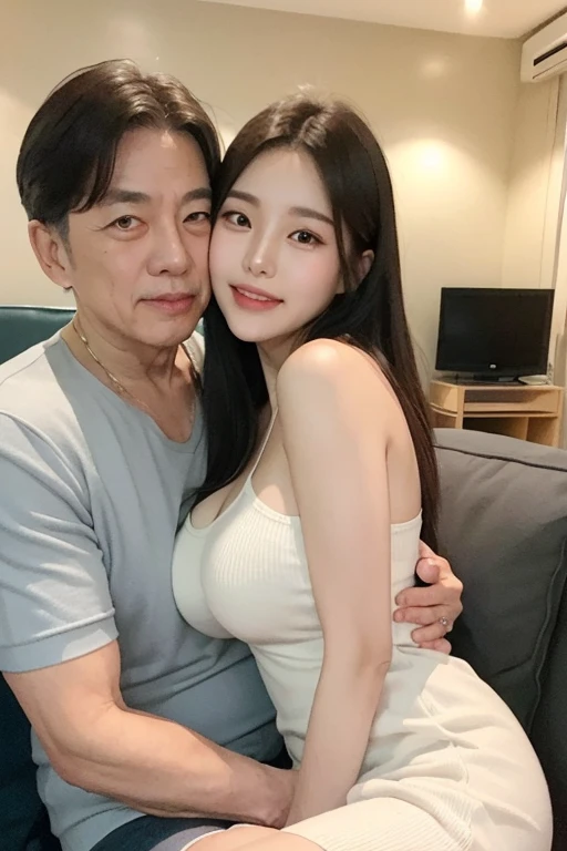 top-quality, masterpiece, 64 years old ugly korean man and 20 years old korean bightly smile girl couples, Girl sitting on the sofa, (60 years old korean man hugging each other) , big breasts, girls wear thick grey maxi knit camisole dress, (64 years old ugly korean man white shirt), in the karaoke room, correct hands,