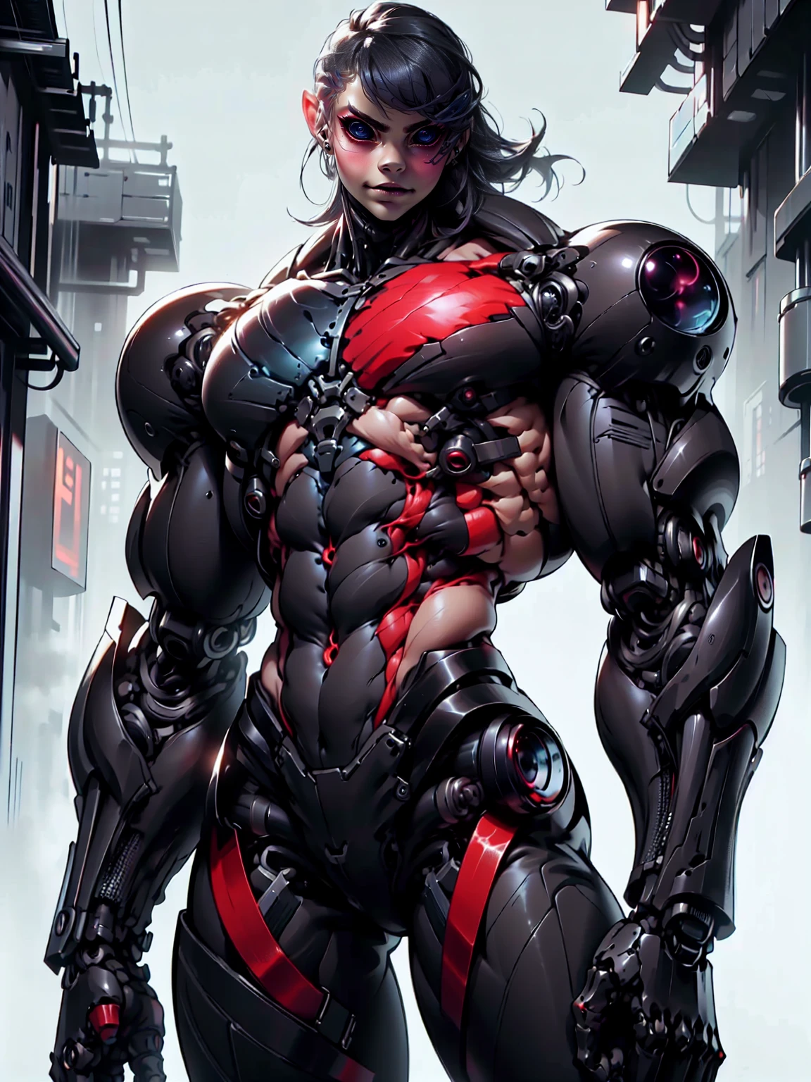 (1 girl), (cara delevingne), (muscular android girl wearing a black anatomic cybernetic muscle suit:1.25), (wide shoulders:1.25), (muscular defined physique:1.25), perfect hands, long hair, large breasts, high resolution image, extreme detail, blank background