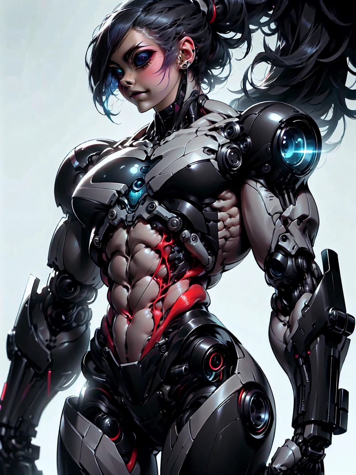 (1 girl), (cara delevingne), (muscular android girl wearing a black anatomic cybernetic muscle suit:1.25), (wide shoulders:1.25), (muscular defined physique:1.25), perfect hands, long hair, large breasts, high resolution image, extreme detail, blank background