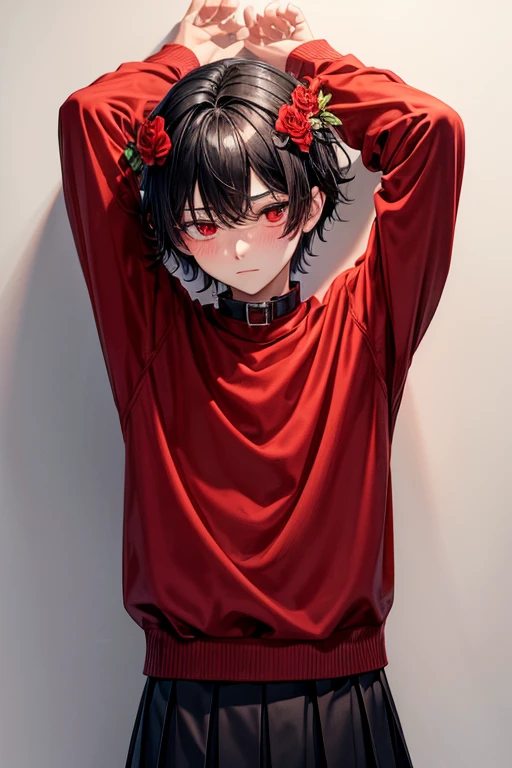 ager man boy 18 years old short black hair red eyes wearing red pleated skirt blushing with a pet collar on his neck wearing a sweater with long sleeves with a flower on his head