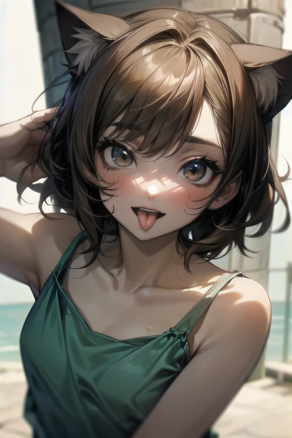 ((Masterpiece)), ((best quality)), (Anime:1.3), (super detail:1.2),(High Definition:1.3), (Professional Photography:1.2), (()), Portrait shot, (morning), messy medium hair, (slightly exposed small chest), Beautiful collarbone, (Cheesy ragged tanktop), white camisole, Slender body, (place hand on cheek), Sweaty skin, (nauthy smile), open mouth, ((sticking out tongue)), Textured skin, (Cat ears), Pale brown hair, Cute Beautiful Girl, BREAK, ((best quality)), View of the sea and slums, ((On a steel tower at an altitude of 200 meters)),