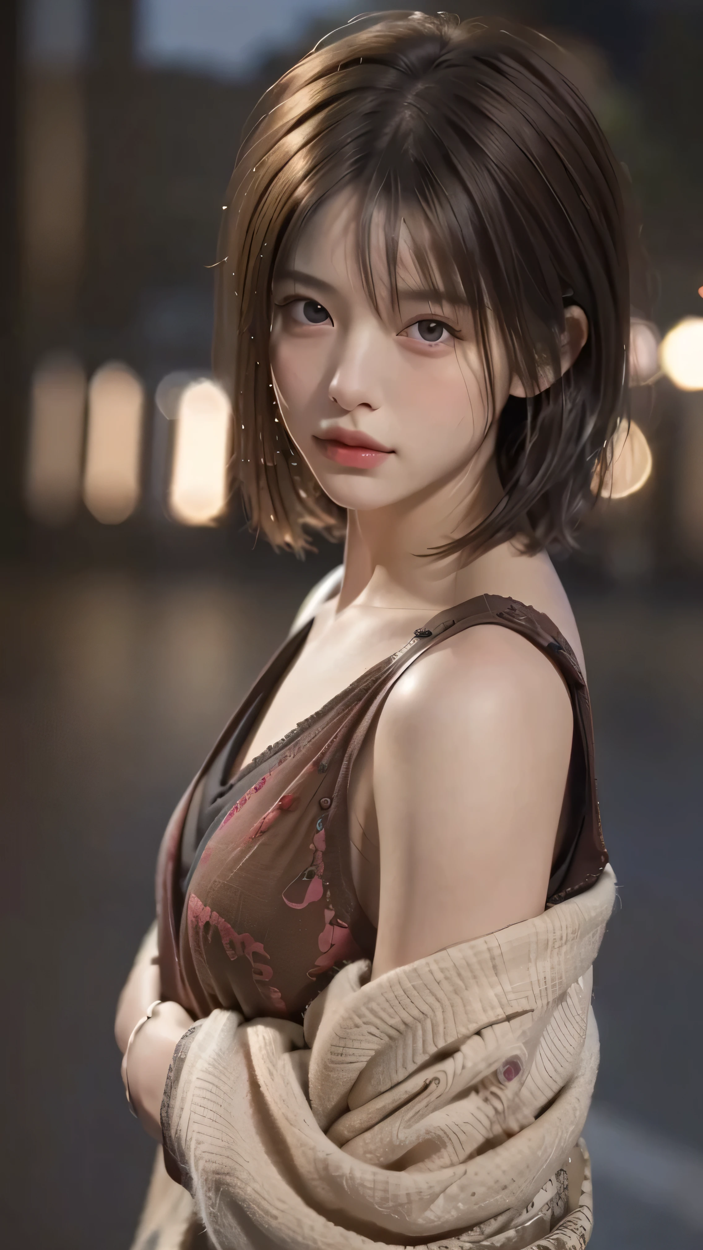 RAW shooting,最high quality, masterpiece, 超High resolution, (Realistic:1.4), RAW Photos, 1 girl,, short hair,, (masterpiece, 最high quality, high quality, High resolution, Very detailed),Brown Hair, (Night lighting:1.4), Cyberpunk attire