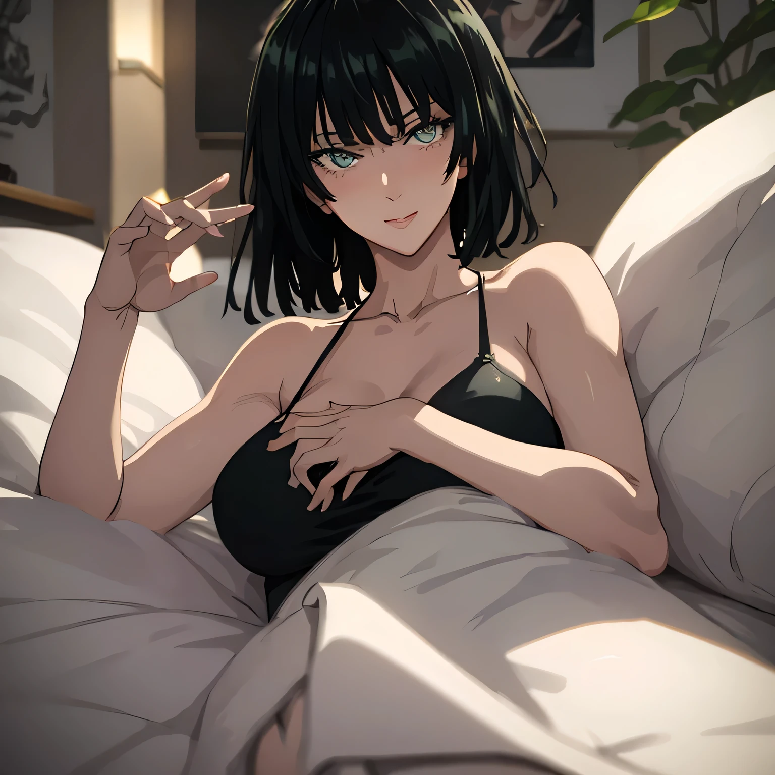 Masterpiece, ultra-detailed, One girl, lying on bed, Narrow waist, sexy hips, Full body view, Fubuki reclining on her back, Pillow hugged closely above head, Armpits exposed as she raises hand, Blushing face with a seductive smile, Flirty gaze, Inviting expression, No blurring, Ultra HD, Smooth rendition, Perfectly defined features.