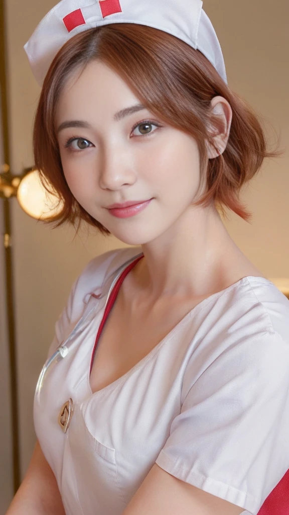 (highest quality,4K,8k,High resolution,masterpiece:1.5),Very detailed,(Realistic,photoRealistic,photo-Realistic:1.37) Portraiture,(A Japanese Girl With Incredibly slim body:2.0),(Her face looks ultra baby-like:2.0),
(Images of her alone:2.0),(Cute Breasts:1.75),(Close-up of her eyes:2.0),(Impressive Features,Super cute and a big idol-like smile:1.5),(Ultra beautiful even left and right eyes with a clear expression:2.0),Beautifully shaped eyebrows,Captivating gaze, pale pink lips,Naturally Rosy Cheeks,Vivid charm,Perfect white skin,Subtle shading,Realistic rendering,(She is wearing a (White:1.0) nurse’s uniform:1.5),(Nurse's Cap:1.5),(Super Short Red Hair:1.5),The golden sunlight gently illuminates the landscape.,Elegant and graceful posture,Create a quiet and serene atmosphere,She is in the medical room