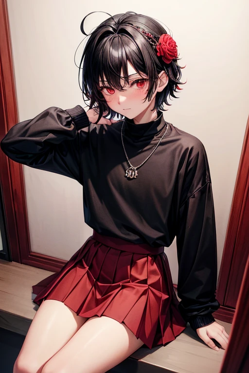 Teenager man boy 18 years old short black hair red eyes wearing red pleated skirt blushing with a pet collar on his neck wearing a sweater with long sleeves with a flower on his head