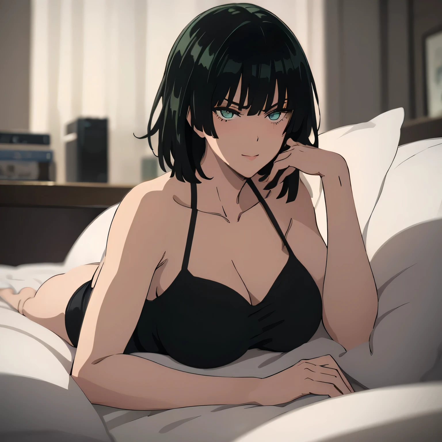 Masterpiece, ultra-detailed, One girl, lying on bed, Narrow waist, sexy hips, Full body view, Fubuki reclining on her back, Pillow hugged closely above head, Armpits exposed as she raises hand, Blushing face with a seductive smile, Flirty gaze, Inviting expression, No blurring, Ultra HD, Smooth rendition, Perfectly defined features.