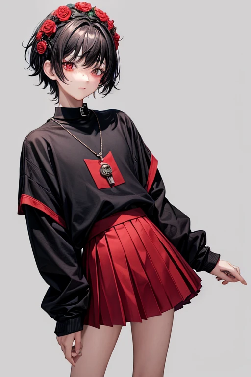 Teenager man boy 18 years old short black hair red eyes wearing red pleated skirt blushing with a pet collar on his neck wearing a sweater with long sleeves with a flower on his head