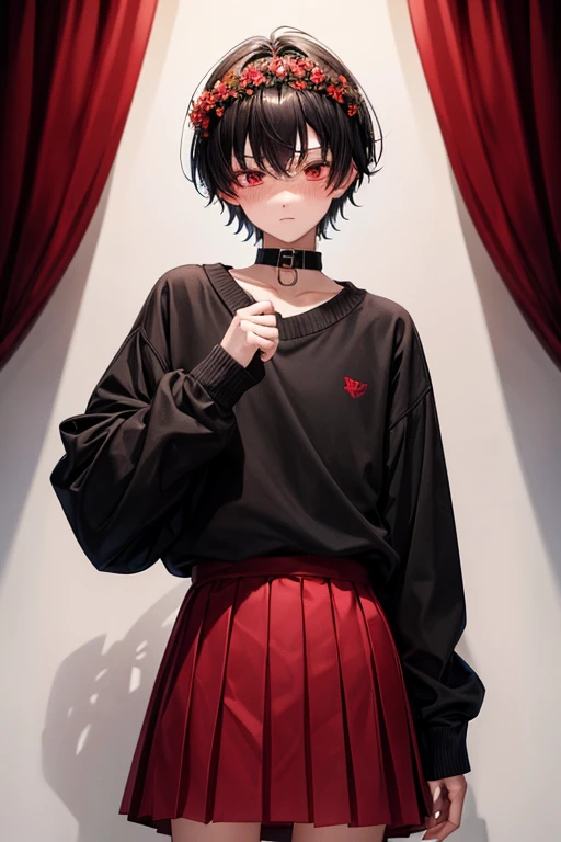 Teenager man boy 18 years old short black hair red eyes wearing red pleated skirt blushing with a pet collar on his neck wearing a sweater with long sleeves with a flower on his head
