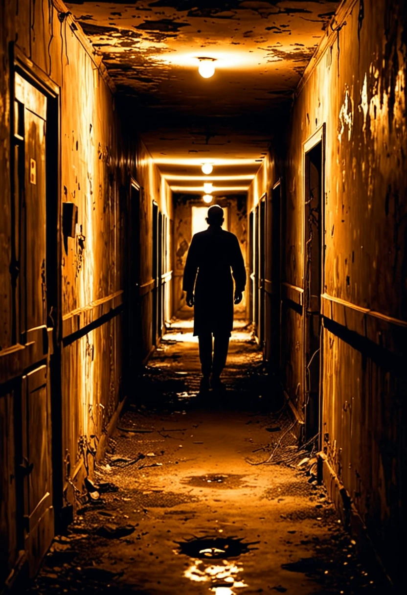 Night, darkness, darkness of the corridors of the clinic. An artistic masterpiece. (A man walking along the dark corridor of an abandoned clinic with a kerosene lamp in his hand, the light of the lamp illuminates the path) Dynamic picture. Night room, dark room, completely darkened room, sepia, grainy, eerie environment. Creepypasta is a creepy demonic creepy entity, something looming over a man lying in bed with very large eyes. A creepy look from the shadows. Sven37.