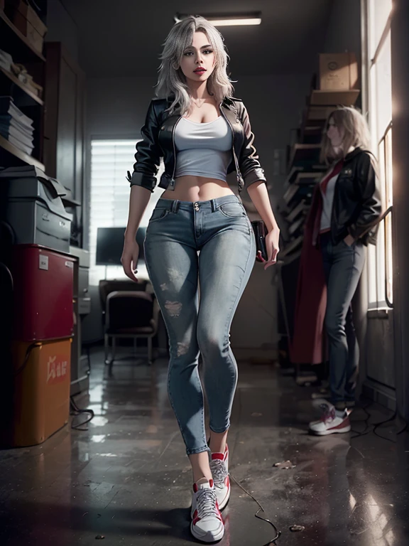 (Sci-fi fantasy), (masterpiece), (1 beautiful alice),Resident Evil universe, (Professional Oil Painting) (highest quality), (8k resolution), (1 beautiful girl), ((Pale grey skin)), (Iron grey skin), ((Black Jeans )),(Wine Red Leather Jacket)), ((White t-shirt underneath), ((Red lipstick)), ((Black sneakers)), (Concept Art), (Long Hair), (Messy Hair), (Gray Hair), (Iron-gray hair),