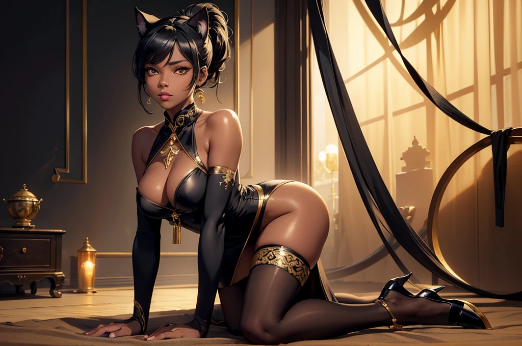 (high resolution, full body, soft skin:1.2),(best illustration,masterpiece:1.2),ultra-detailed,[(cat ears , black inside:1.2, black ponytail hair, gold eyes, cat eyes, dark skin),vivid colors,sharp focus,studio lighting,bokeh, wearing a gold qupao, dark stockings, high heels, kneeling 