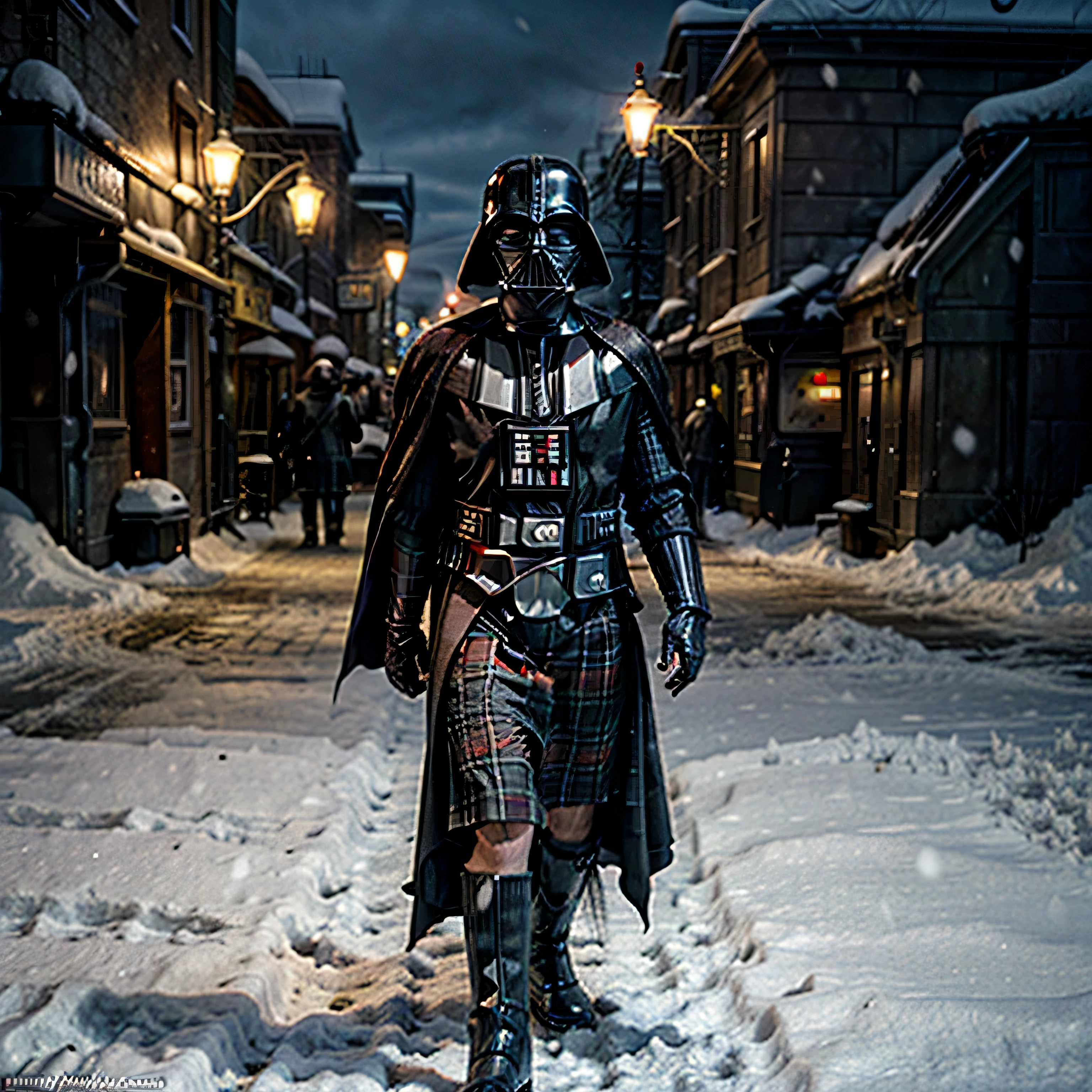 starwars, darth vader, in a red tartan kilt, realistic, scifi, starwars Hoth snow scene background