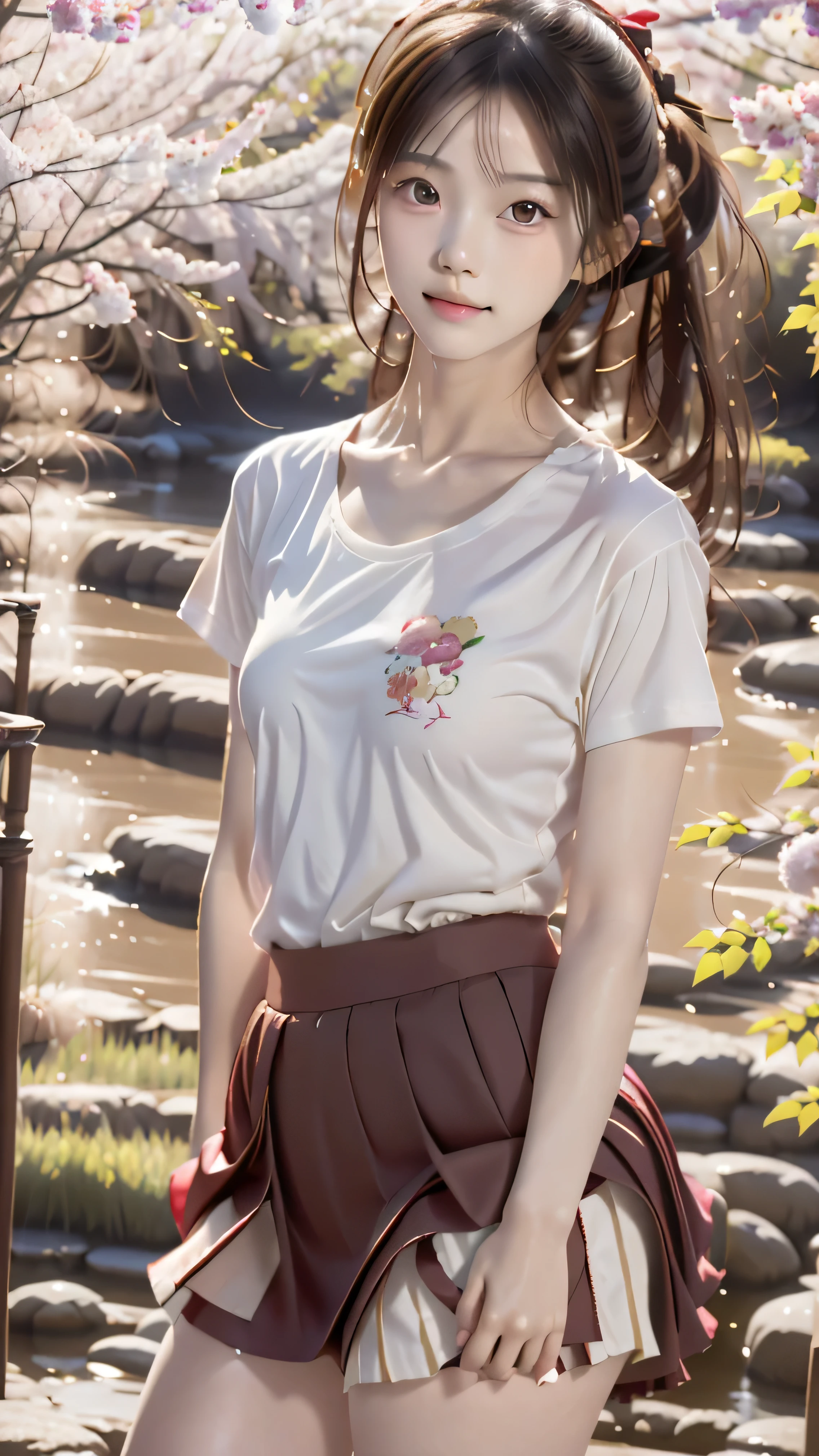 8k,masterpiece,Japanese,20 year old girl,from the front,Innocent face,calm eyes,Childish,T-Shirts,Short sleeve,Short skirt,semi-long,noon,bright,Cherry tree