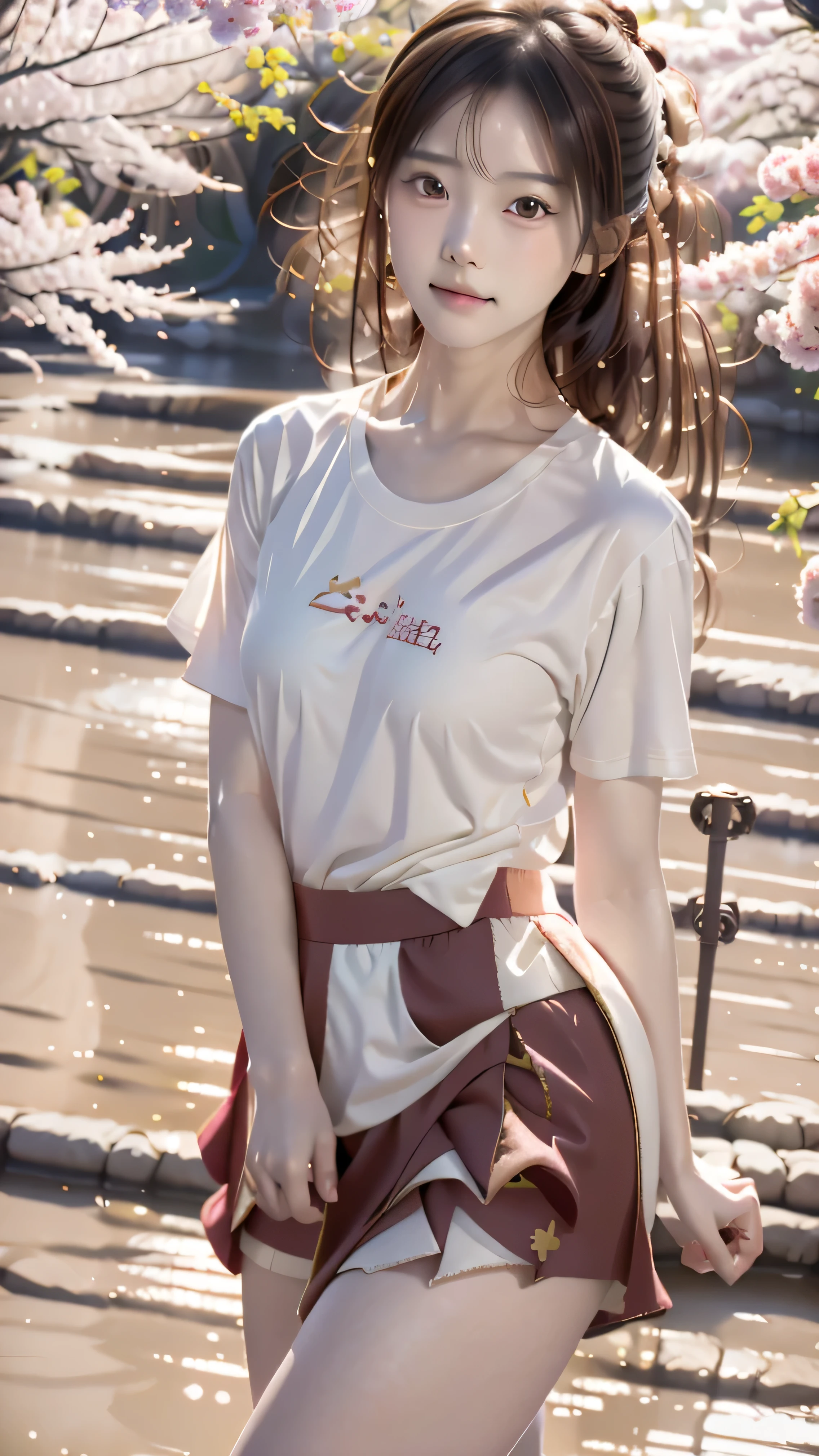 8k,masterpiece,Japanese,20 year old girl,from the front,Innocent face,calm eyes,Childish,T-Shirts,Short sleeve,Short skirt,semi-long,noon,bright,Cherry tree