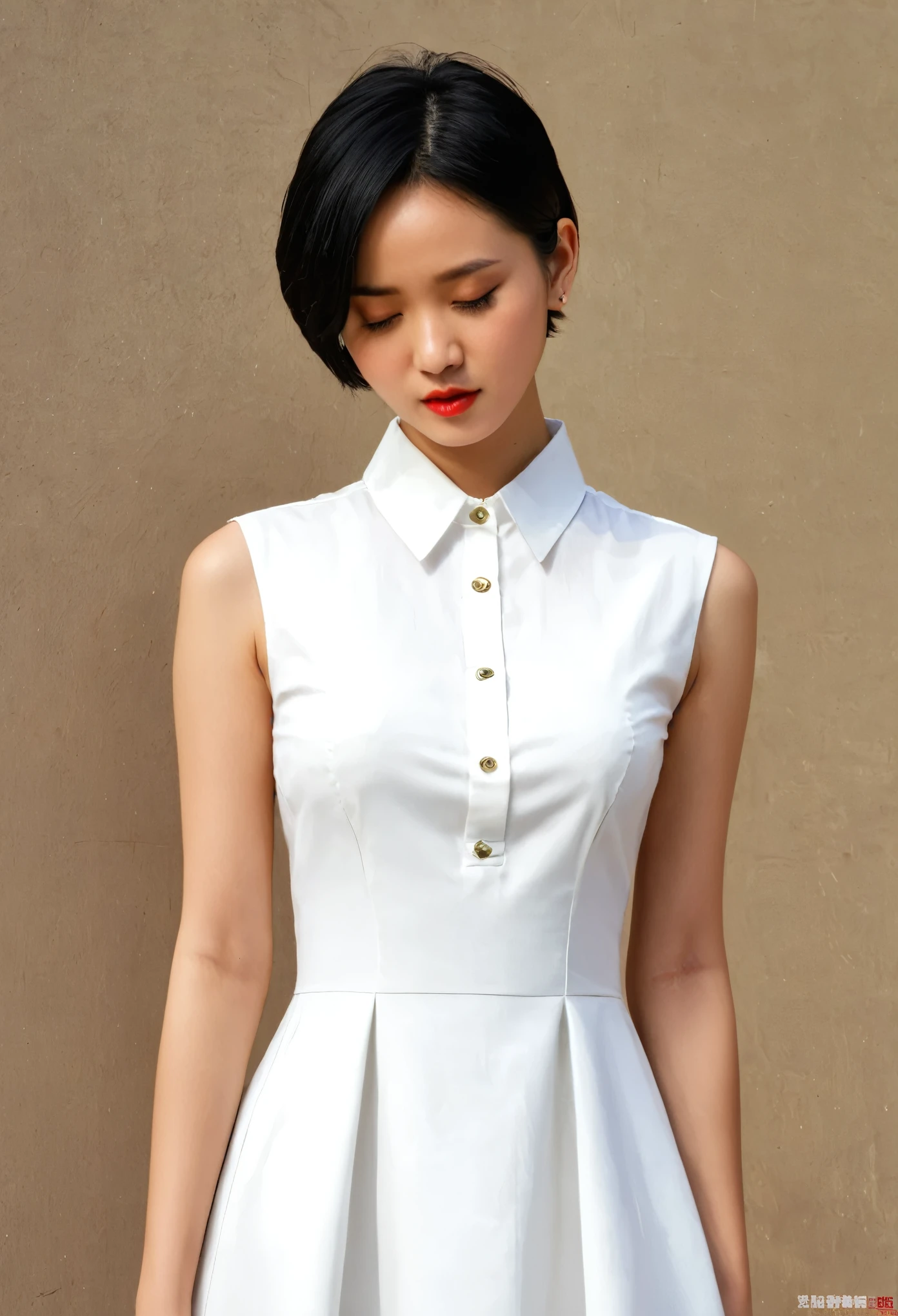 Liu Shishi,1girl, solo, short hair, shirt, black hair, dress, closed eyes, upper body, parted lips, sleeveless, white dress, lips, realistic