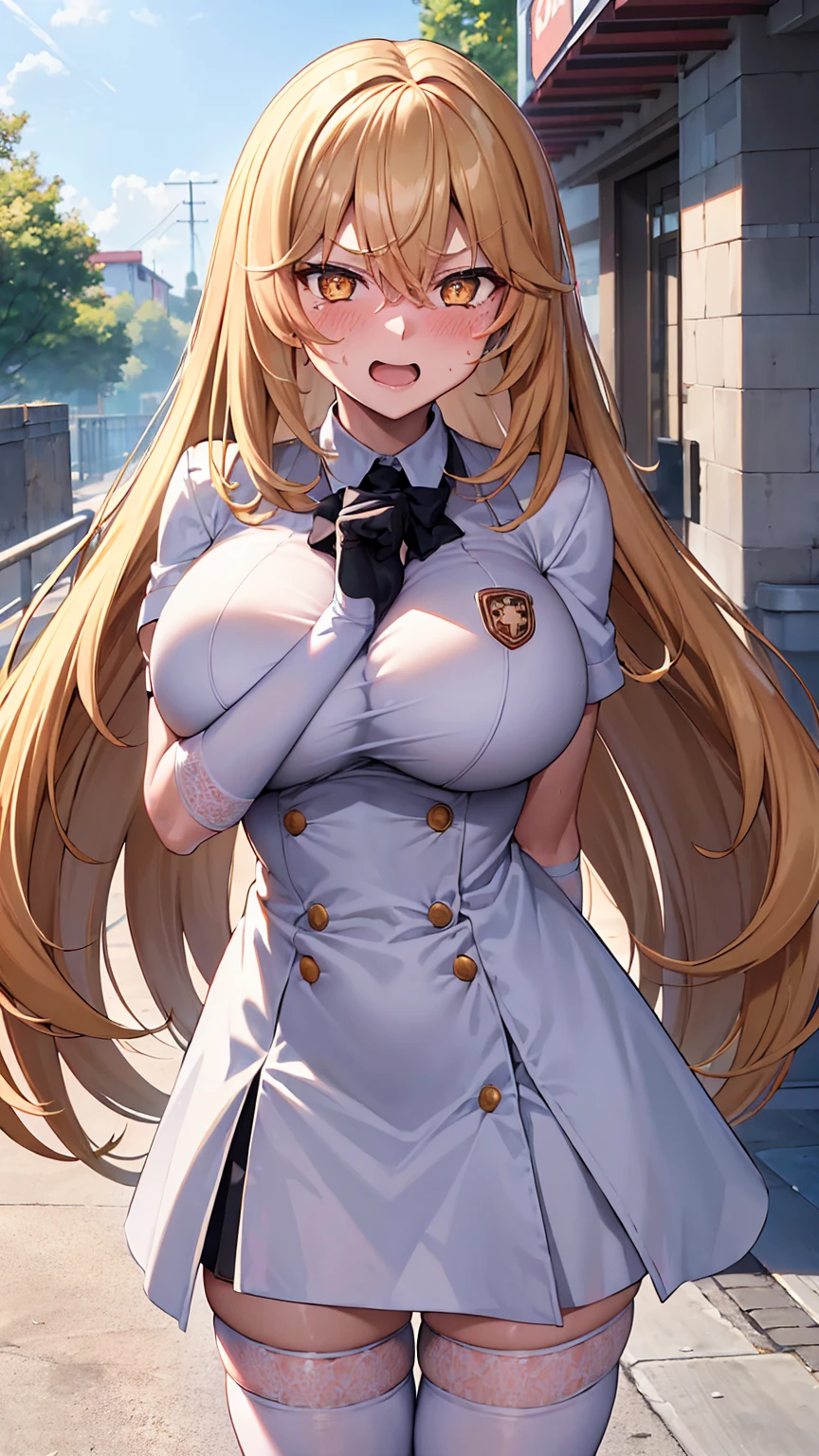 masterpiece, best quality, highres, hmmisaki, long hair, symbol-shaped pupils, +_+, large breasts, white gloves, elbow gloves, white thighhighs, smile, Black clothing:1.8 Mourning clothes 1.2, funeral++ street, Are standing, Cowboy Shot, smile, Open your mouth, In town panic++++ Embarrassed+++ Excited+++ Be upset++++ (Embarrassed:1.6) (Embarrassed:1.6) (Blushing:1.4) (Large Breasts:1.6)