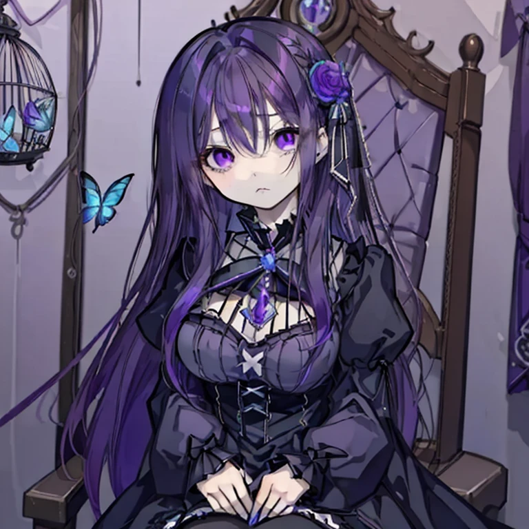 1 girl,Purple Hair,Long Hair,Purple Eyes,Sharp Eyes,Gothic Lolita,Mature,Ample breasts,beautiful,Gothic Lolitaの衣装,in a bird cage,sit,Sad expression,Blue rose,Blue Butterfly,gorgeous,Antique bird cage,gem