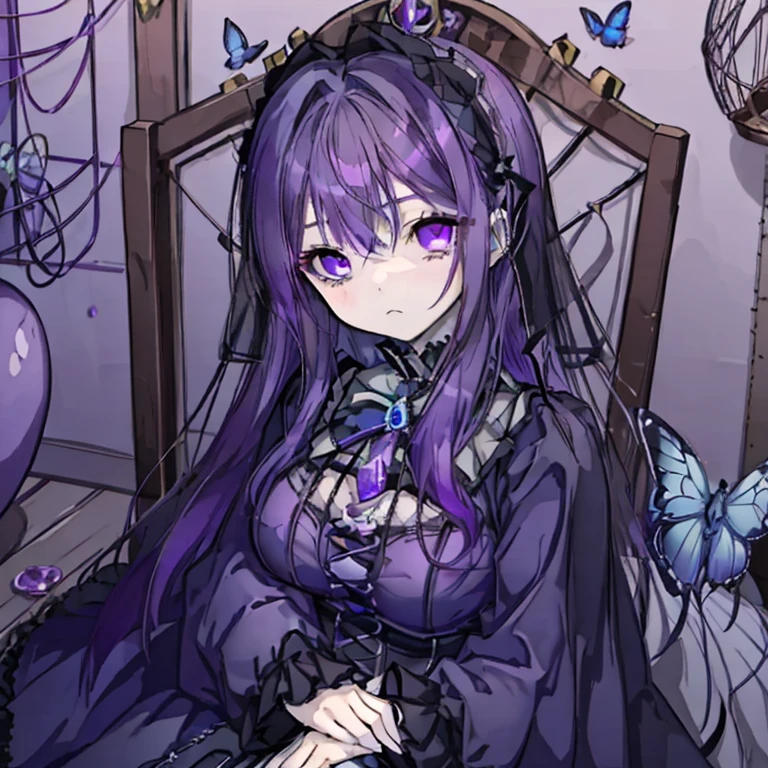 1 girl,Purple Hair,Long Hair,Purple Eyes,Sharp Eyes,Gothic Lolita,Mature,Ample breasts,beautiful,Gothic Lolitaの衣装,in a bird cage,sit,Sad expression,Blue rose,Blue Butterfly,gorgeous,Antique bird cage,gem
