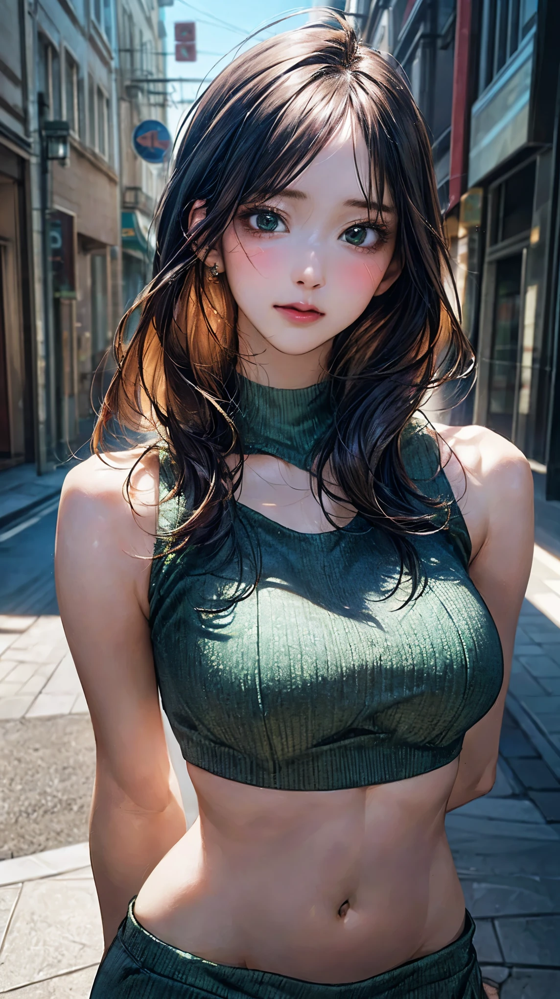 (masterpiece:1.2, highest quality), (Realistic, photoRealistic:1.4), Beautiful illustrations, (Natural Side Lighting, Cinema Lighting), 
View your viewers, whole body, 1 girl, Perfect Face, Cute and symmetrical face, Sunburn, Shiny skin, 
(Straight hair:1.4), Hair on one eye:1.4, Emerald green eyes, Long Eyelashes, (large breasts:1.2), (wide hips:1.5),Pink Eyeshadow,
Beautiful Hair, Beautiful Face, Beautiful fine details, Beautiful clavicle, Beautiful body, Beautiful breasts, Beautiful thighs, Beautiful feet, Beautiful fingers,Detailed Background,street,(White mini body conscious:1.5), attractive thighs,