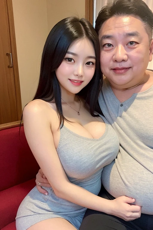 top-quality, masterpiece, 66 years old fat korean man and 20 years old korean bightly smile girl couples, Girl sitting on the sofa, (66 years old korean man hugging each other) , big breasts, girls wear thick grey maxi knit camisole dress, (66 years old fat korean man white shirt), in the karaoke room, correct hands,