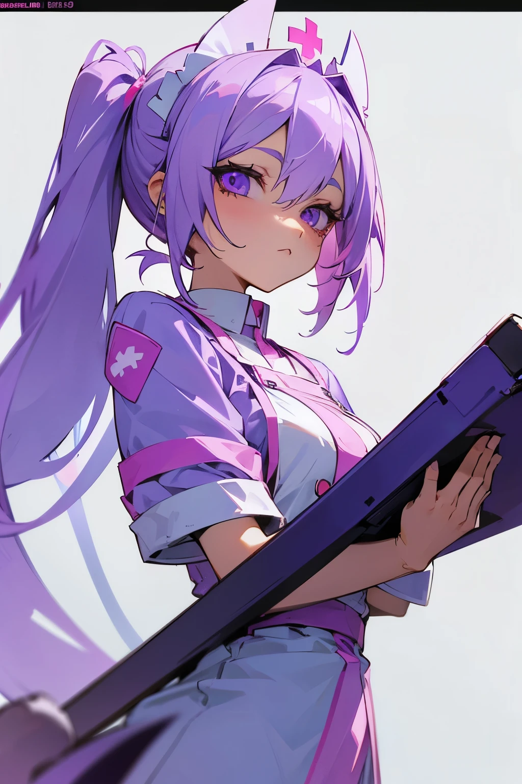 2D character design, female, Pigtail lilac colored hair, Dressed as a white nurse, purple eyes, detailed, best quality, bright, cute