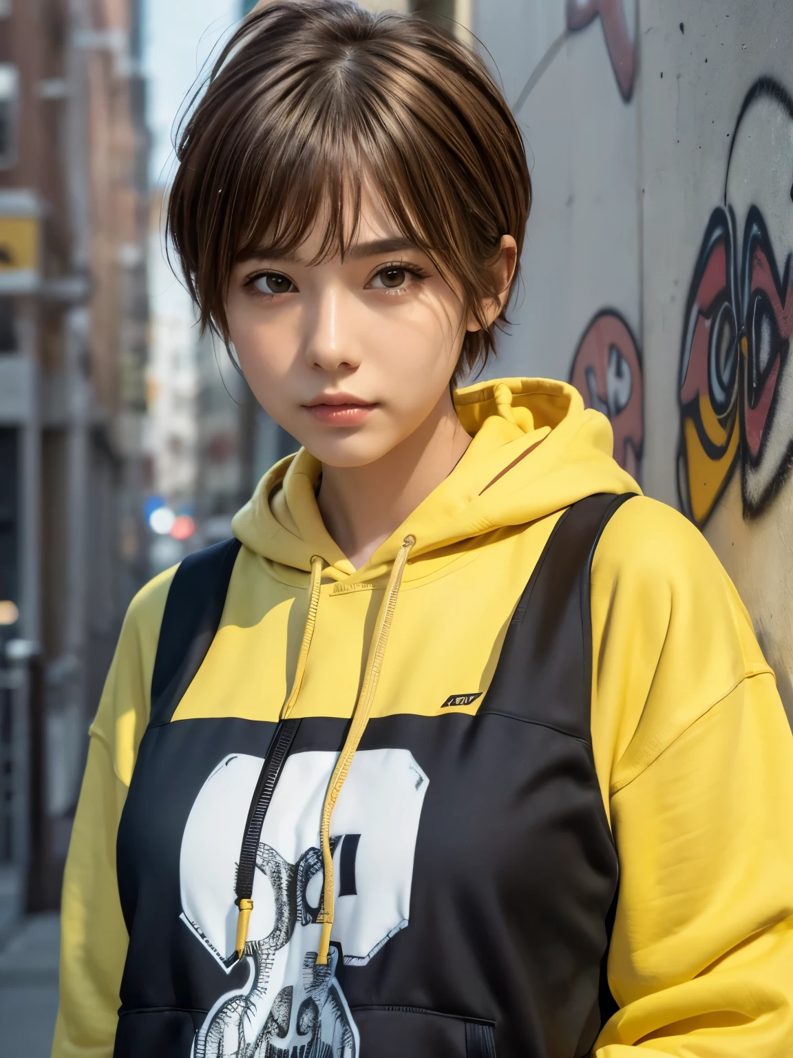 masterpiece, highest quality, Very detailed, 8k, Realistic, One Girl, alone, Tomboy, Very detailed face, (head shot:1.5), Upper Body, Standing in front of a wall covered in hip hop graffiti, Light brown pixie cut hair, He is wearing a short black tank top and an open-zipped yellow hoodie.。., Reaching into the pocket of a hoodie