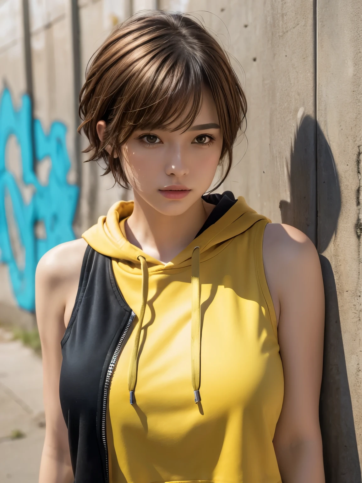 masterpiece, highest quality, Very detailed, 8k, Realistic, One Girl, alone, Tomboy, Very detailed face, (head shot:1.5), Upper Body, Standing in front of a wall covered in hip hop graffiti, Light brown pixie cut hair, He is wearing a short black tank top and an open-zipped yellow hoodie.。., Reaching into the pocket of a hoodie