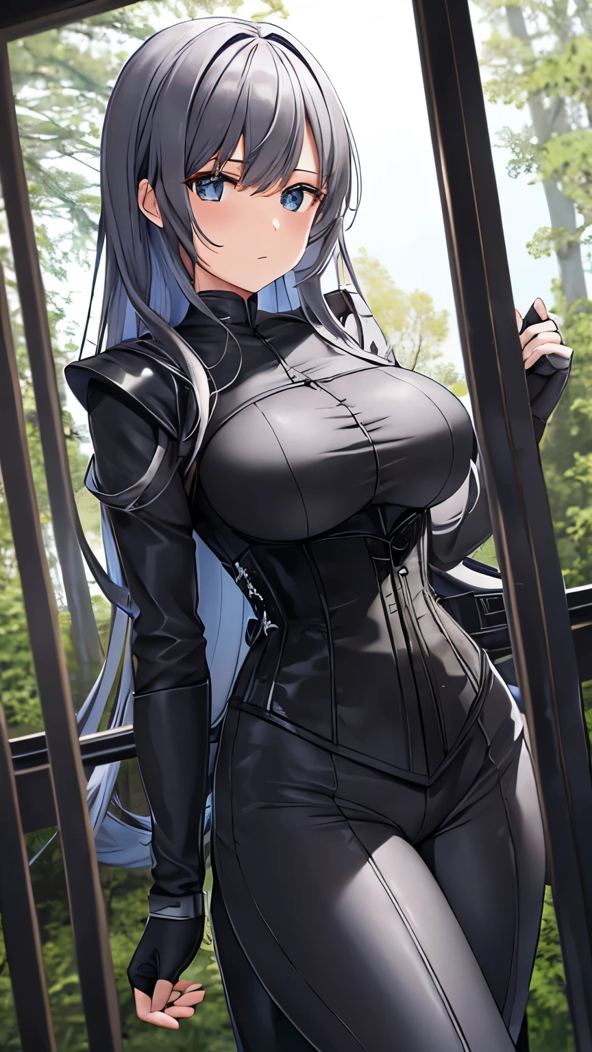  girl, tight clothing, fabric gray trousers, with many details, gray corset, one-piece fabric armor, long hair, dark forest in the background, Moon, bodysuit, fantasy, robber armor,