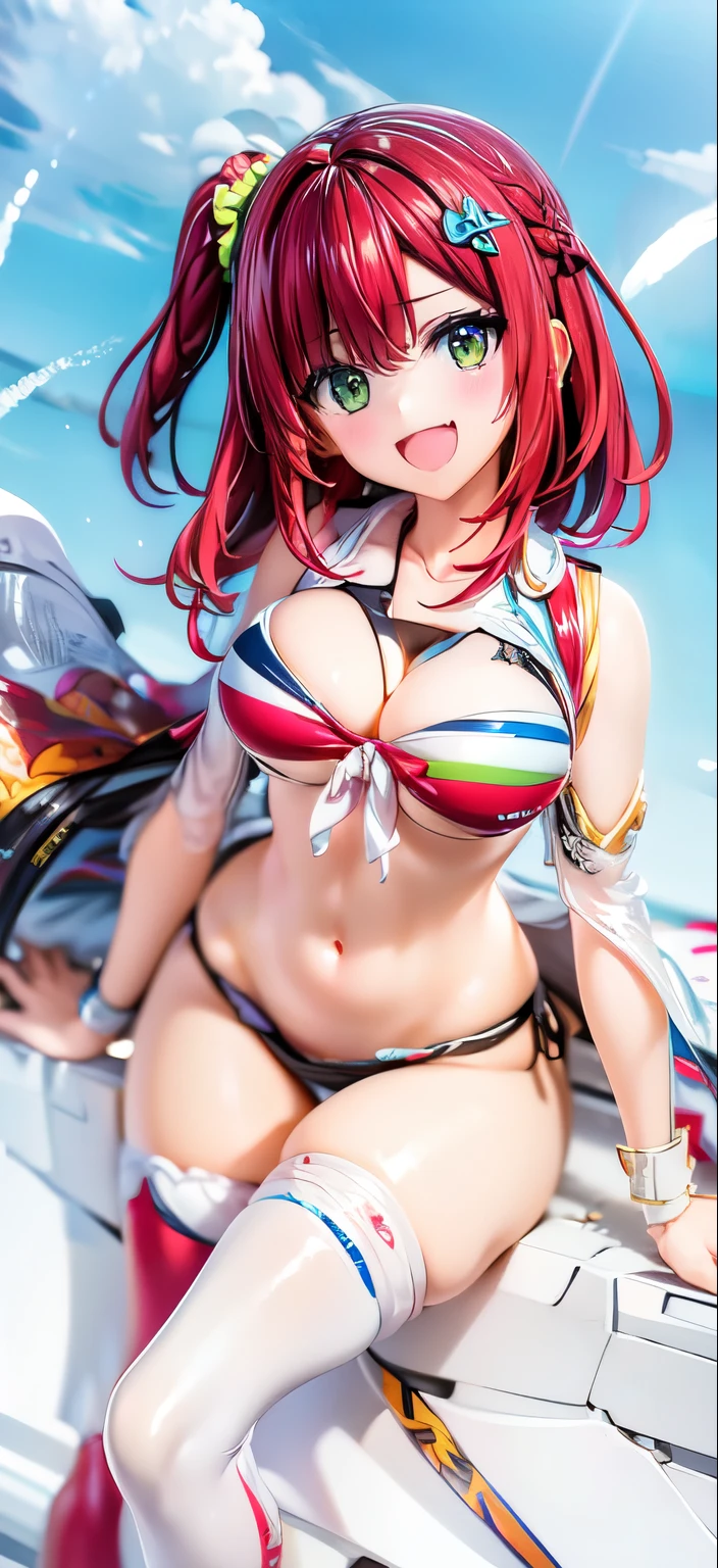 best quality, masterpiece, extremely detailed CG, official art , professional lighting, detailed background, sakimiyairuka, red hair, green eyes, one side up, medium hair, green scrunchie, hair ornament, gleaming skin, big breasts, groin, (playboy bunny, black pantyhose, bowtie, wrist cuffs)